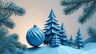 The primary subject of the image is a blue Christmas tree ornament, which is placed on a blue surface. The setting is a winter scene with a blue tree and a blue sky. The visual style is a combination of digital art and illustration, creating a unique and festive atmosphere. The dominant colors are blue and white, giving the image a cool and modern feel.